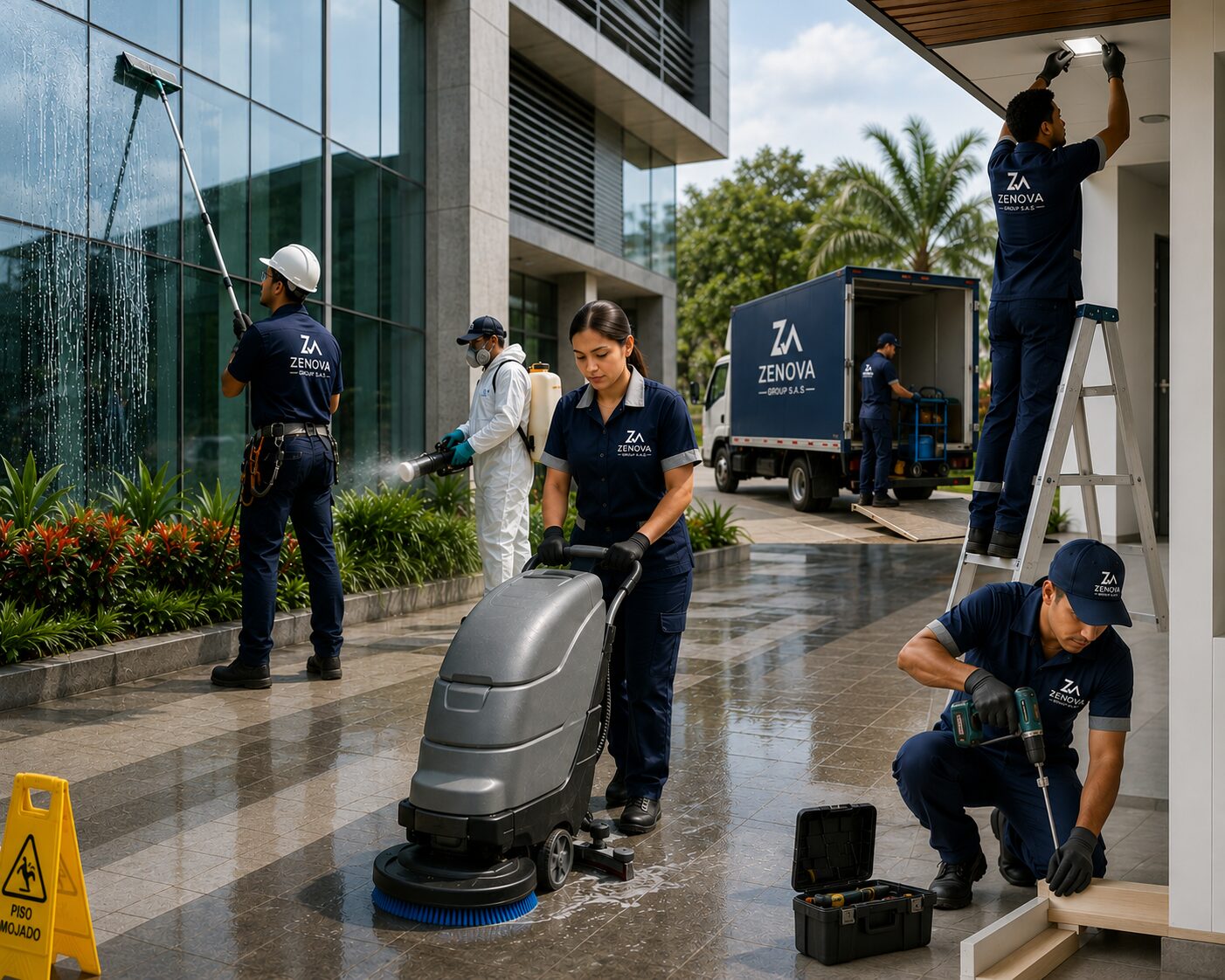 Equipo de Zenova en labores de mantenimiento y limpieza de fachadas