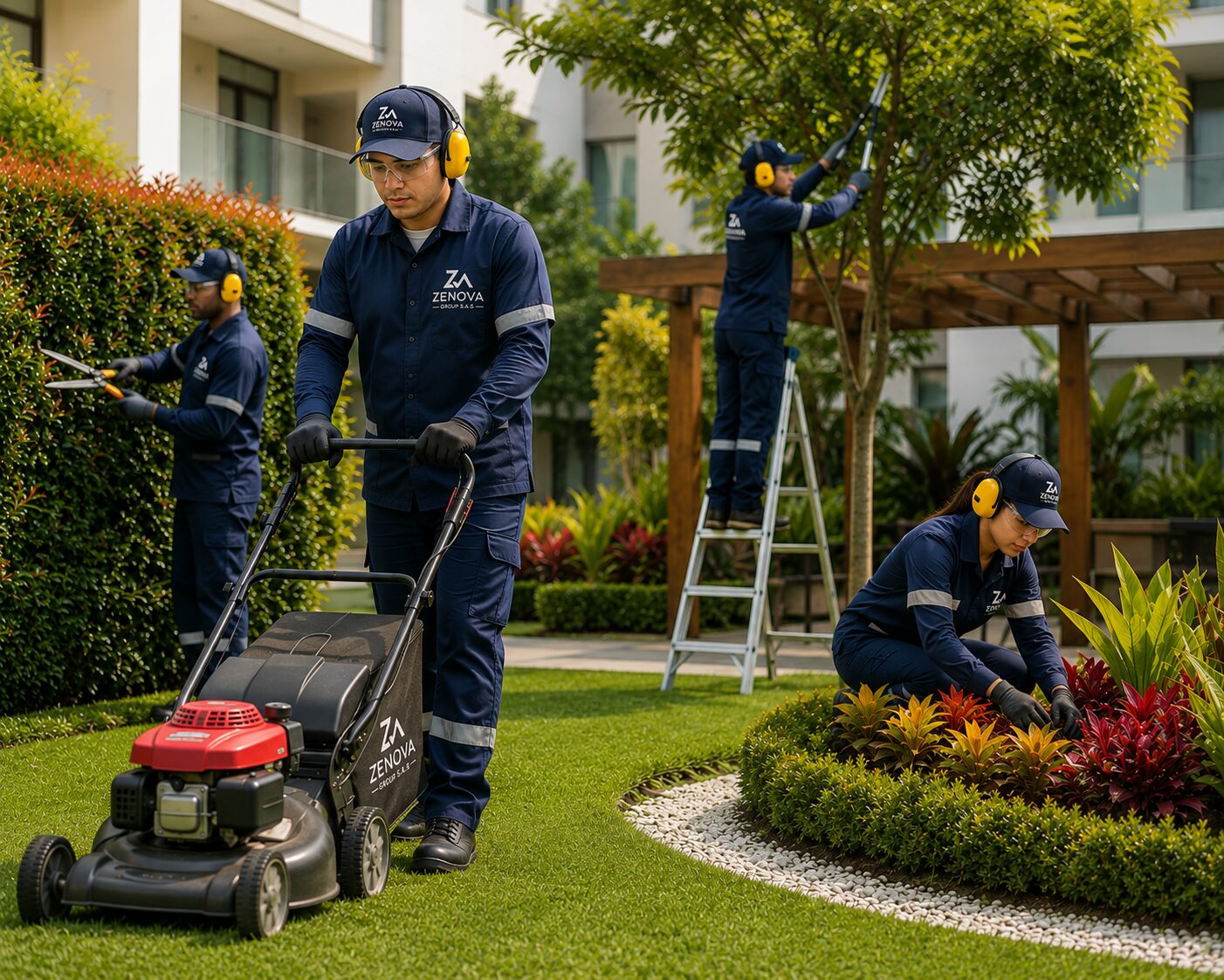 Equipo de jardinería de Zenova manteniendo zonas verdes en clima tropical